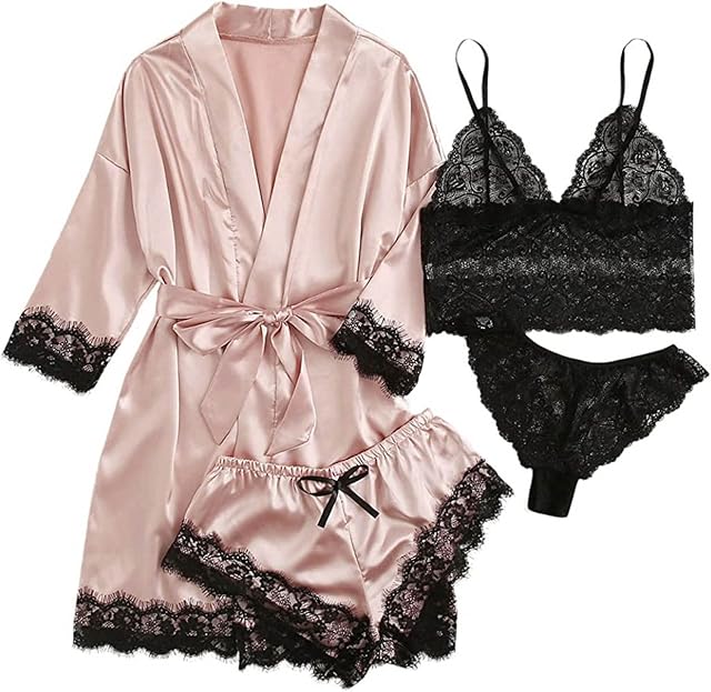 Women's Lace Pajama Satin Sexy Lingerie Robe Set 4Pcs Pajamas Silk Sleepwear Cami Shorts Loungewear with Robe