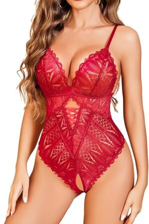 Women One Piece Lingerie Sexy Lace Bodysuit Deep V Teddy Criss Cross Sexy Sleepwear