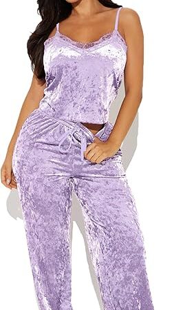 Womens Velour Pajama Sets 2 Piece Velvet Spaghetti Straps Crop Top Wide Leg Long Pants Sleepwear for Women
