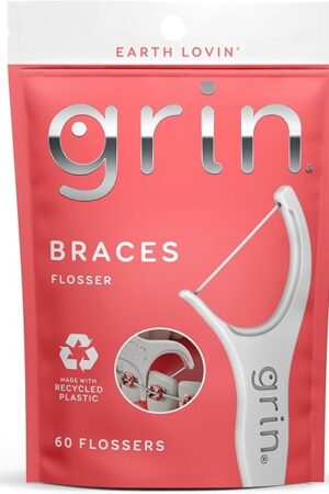 GRIN Braces Flosser, Floss Picks Designed for Braces, 60 Count, Dental Flossers, Recycled Plastic, Ortho Approved, Premium Thin Floss, Includes Handy Wax Scraper and Pick