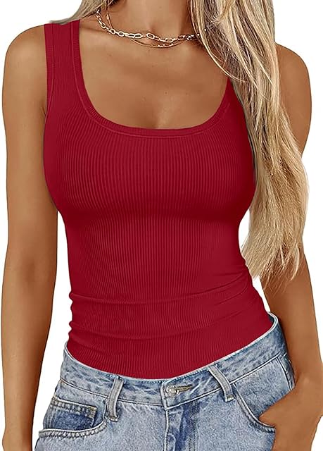 Women Sleeveless Scoop Neck Ribbed Tank Tops Slim Fitted Basic Cami Shirts
