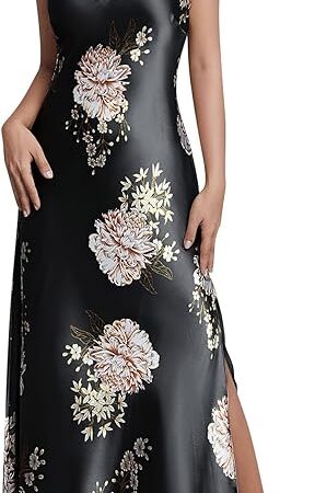 Womens Satin Long Nightgown Sexy Side Split Silk Floral Graphic Lingerie Soft Spaghetti Strap Nightwear Nightdress