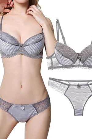 Women Sexy Lace Striped Lingerie Bra Set + Underwear