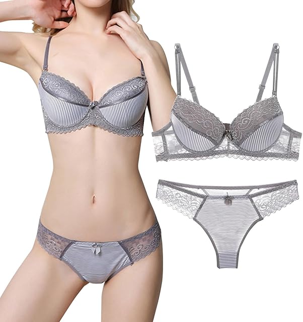 Women Sexy Lace Striped Lingerie Bra Set + Underwear