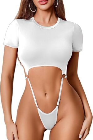 Women's Sexy Cut Out Lingerie Bodysuit Short Sleeve Tshirt Body Suits Slim Fit Crew Neck Crop Tops