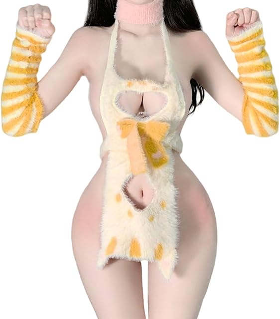 Cute Virgin Killer Sweater Fluffy Hollow Heart Kawaii Naughty Cat Anime Cosplay Lingerie Top Sexy Aprons for Women