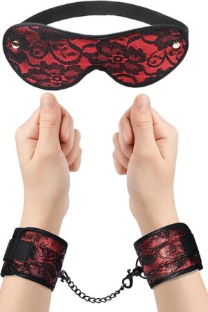 Lace Blindfold and Faux-Fur-Lined Handcuffs Set, Red Soft Bondage Wrist Cuffs Kit Sex Play Toys for Adults
