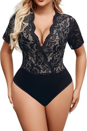 Woman Lace Bodysuit Sexy Lingerie Top Deep V Lace Body Suit Tops Short Sleeve with Lining Teddy XXXL