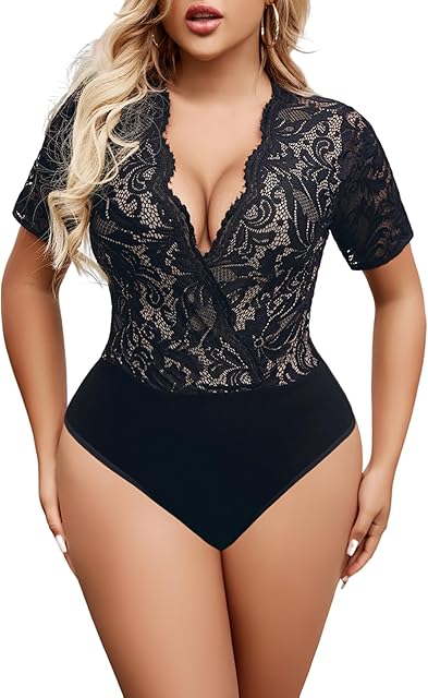 Woman Lace Bodysuit Sexy Lingerie Top Deep V Lace Body Suit Tops Short Sleeve with Lining Teddy XXXL