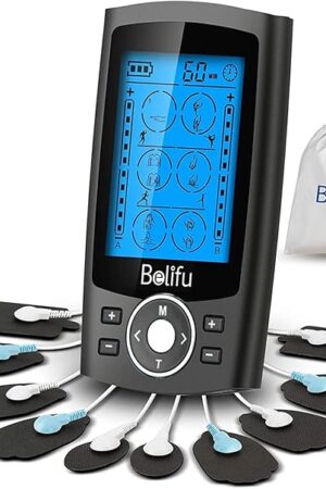 Belifu Dual Channel TENS EMS Unit 24 Modes Muscle Stimulator for Pain Relief Therapy, Electronic Pulse Massager Muscle Massager with 10 Pads, Dust-Proof Drawstring Storage Bag, Fastening Cable Ties