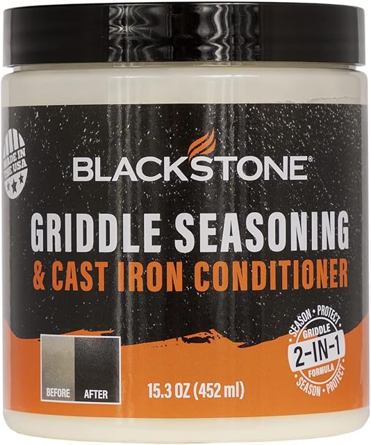 Blackstone 4146 Griddle Conditioner Kit 2-in-1 Cast Iron Season Oil for Grill Grates, Skillet, Dutch Oven, Pots & Pans-Clean, Protect, Condition & Care-Plant Based & Vegan, 153 Ounce (Pack of 1)