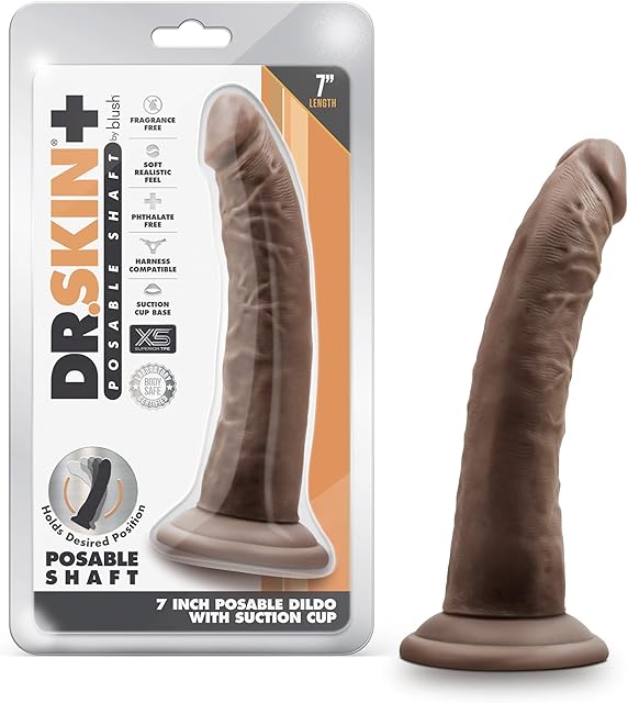Blush Dr. Skin Plus 7 Inch Realistic Dildo for Beginners - Triple Density Poseable Shaft Penis with Strong Suction Cup - Soft Strap-On Compatible - Adult Sex Toys for Women Men Couples - Chocolate