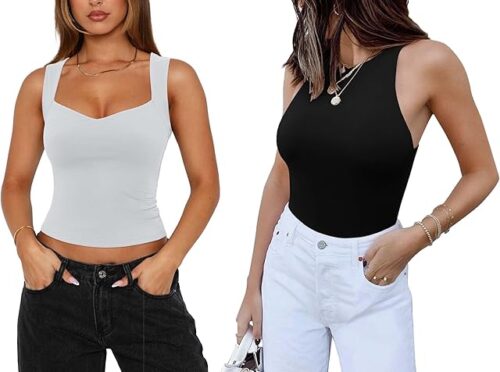 Womens Sexy Sleeveless High Neck Racer Back Halter Thong Bodysuits and V Neck Sleeveless Basic Double Lined Tank Tops 2 Pieces X-Large