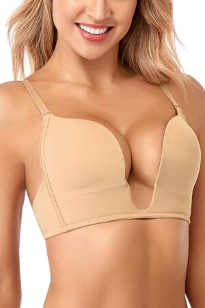 Women's Deep Plunge Bra Sexy Convertible Low Cut Wireless Light Padded Bra Cleavage Enhancer