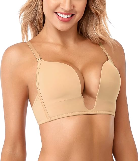Women's Deep Plunge Bra Sexy Convertible Low Cut Wireless Light Padded Bra Cleavage Enhancer