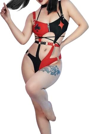Women Gothic One Piece Swimsuit Black Red Halter Cutout Swimwear Buckle Waist Hollow Cosplay Bathing Suit