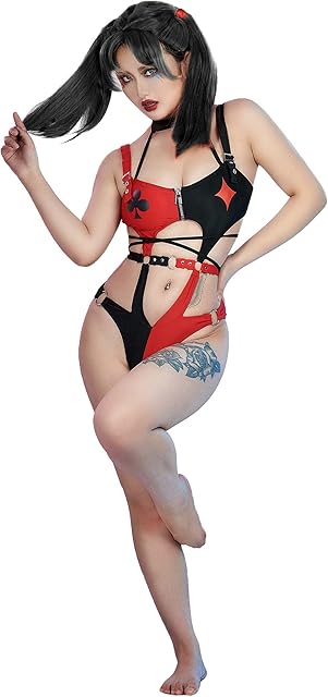 Women Gothic One Piece Swimsuit Black Red Halter Cutout Swimwear Buckle Waist Hollow Cosplay Bathing Suit