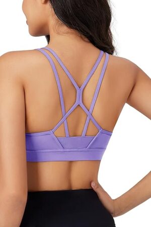 Womens Strappy Sports Bra Padded Backless Sexy Low Impact Moisture-Wicking Wireless for Yoga Workout Fitness