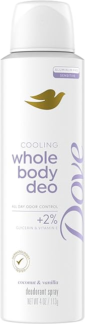 Dove Whole Body Deo Aluminum Free Invisible Spray Deodorant Coconut & Vanilla for 72h Odor Control 4 oz