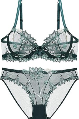 Women's Sexy Soft Lace Lingerie Set See Through Underwear Floral Lace Underwire Sheer Bra and Panty Set(Green,36B)