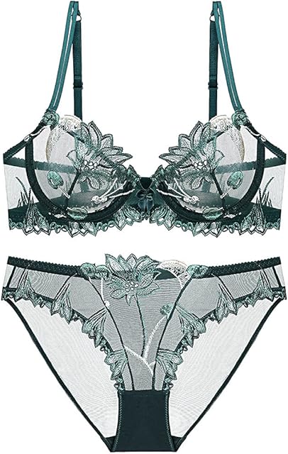 Women's Sexy Soft Lace Lingerie Set See Through Underwear Floral Lace Underwire Sheer Bra and Panty Set(Green,36B)