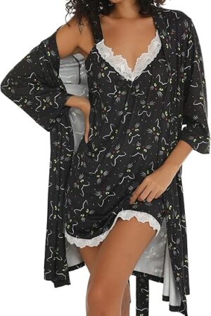 Women's Robes Set Sexy V-Neck 2 Piece Lingerie Nightgown With Robes Pajama Set Lace Cami Sleepwear