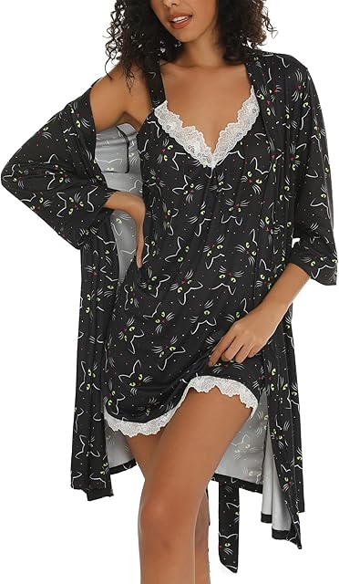 Women's Robes Set Sexy V-Neck 2 Piece Lingerie Nightgown With Robes Pajama Set Lace Cami Sleepwear