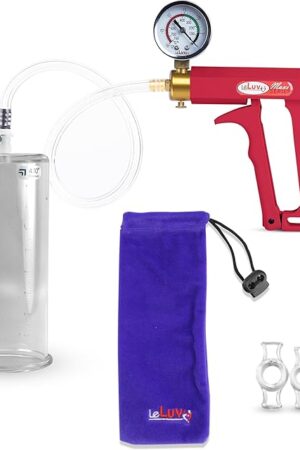 LeLuv Penis Pump Maxi Red Handle Bundle with Gauge, Clear Hose, 4 Sizes of Constriction Rings - 9 inch Length x 4.10 inch Diameter Cylinder