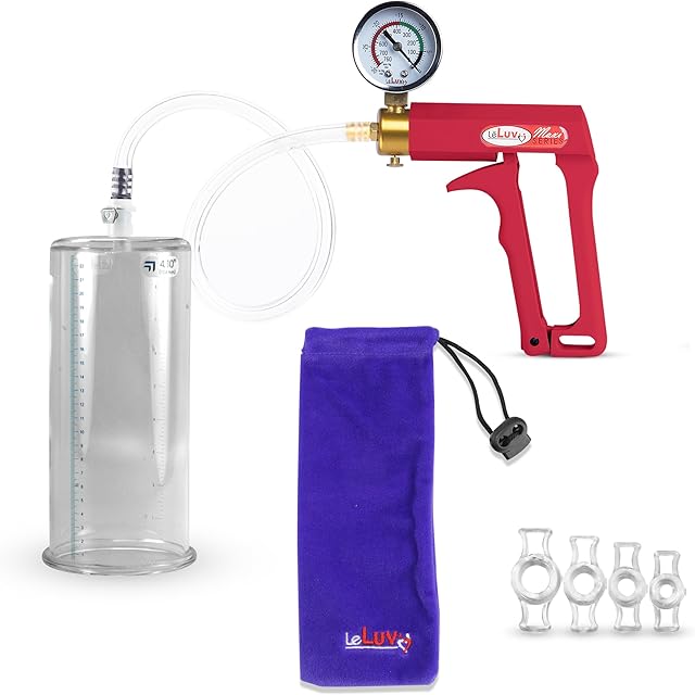 LeLuv Penis Pump Maxi Red Handle Bundle with Gauge, Clear Hose, 4 Sizes of Constriction Rings - 9 inch Length x 4.10 inch Diameter Cylinder