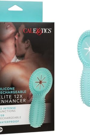 CalExotics Silicone Rechargeable Elite 12X Enhancer  Rechargeable Pleasure Ring  Waterproof Massager Sex Toy for Couples  Blue