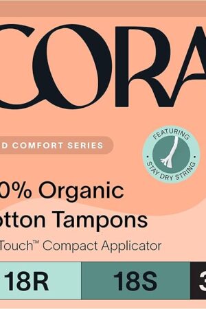 Cora Organic Applicator Tampon Multipack | 18 Regular & 18 Super Absorbency | 100% Organic Cotton, Unscented, BPA-Free Compact Applicator | Leak Protection | Packaging May Vary | 36 Total