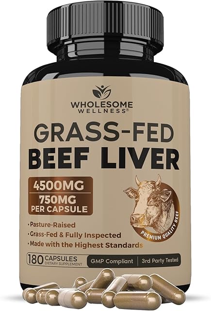 Wholesome Wellness Grass Fed Desiccated Beef Liver Capsules (180 Pills, 750mg Each) - Natural Iron, Vitamin A, B12 for Energy - Raised Undefatted in New Zealand Without Hormones or Chemicals