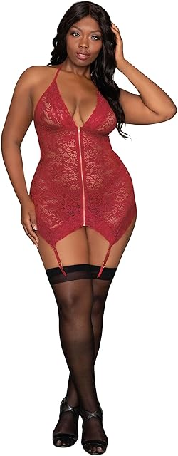 Women's Plus Size Stretch Lace Garter Slip & G-String Set with Halter Neck & Back Tie Closure