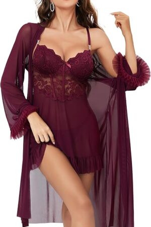 Women Sexy Lingerie Set, 3 Piece Babydoll with Mesh Kimono Robe & Lace Panty, Lace Trim Teddy Chemise Nightwear