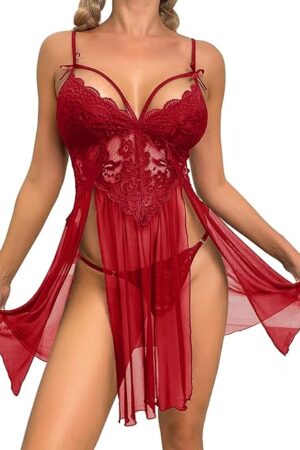Women Sexy Mesh Lingerie Set Fashion Lace Underwear Two Piece Dress with Thong for