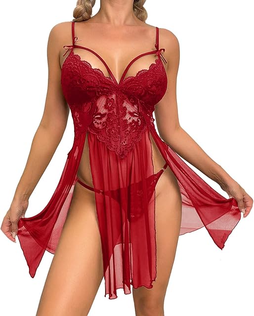 Women Sexy Mesh Lingerie Set Fashion Lace Underwear Two Piece Dress with Thong for