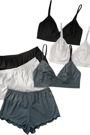 Women's Sexy Lingerie Pajamas Set Ribbed Bra and Shorts loungeries Pj Sets