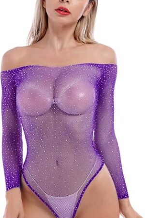 Women Sexy Sparkle Rhinestone Teddy Fishnet Long Sleeve Bodysuit Top One Piece Sheer Mesh Lingerie Off Shoulder Outfit