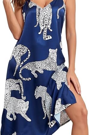 Womens Satin Nightgown Sexy Spaghetti Straps Long Silk Nightgowns Animal Printed Nighty Sleepwear Dress