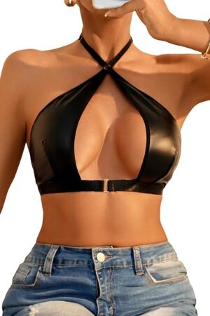 Women's Pu Leather Lingerie Crisscross Cut Out Halter Bralette No Padded Backless Bra