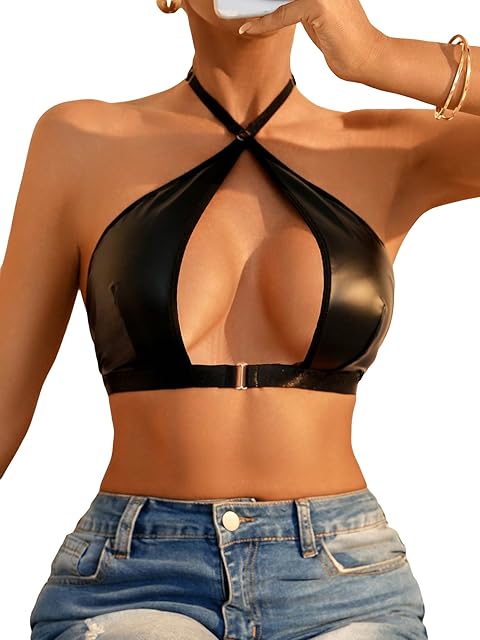 Women's Pu Leather Lingerie Crisscross Cut Out Halter Bralette No Padded Backless Bra