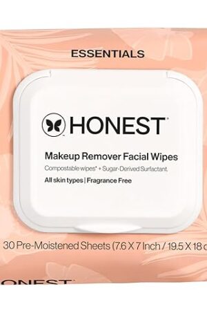 Honest Beauty Fragrance Free Cleansing Makeup Remover Facial Wipes | Plant Based, Hypoallergenic, Gentle for Sensitive Skin | 30 Count