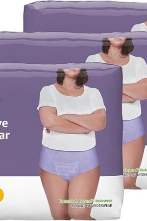 Amazon Basics Incontinence Underwear for Women, Protective, Disposable, Postpartum, Maximum Absorbency, Large, Lavender, 54 Count (3 Packs of 18)