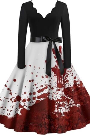 Women Halloween Dress Bloody Print V-Neck Long Sleeve Retro A Line Dresses 2024 Fall Cocktail Party Dress with Belt