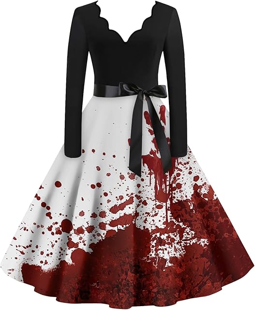 Women Halloween Dress Bloody Print V-Neck Long Sleeve Retro A Line Dresses 2024 Fall Cocktail Party Dress with Belt