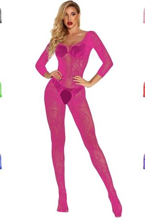 Women's Sexy Lace Fishnet Bodysuit Long Sleeve Mesh Jumpsuit Full Body Stockings Net Bodysuit