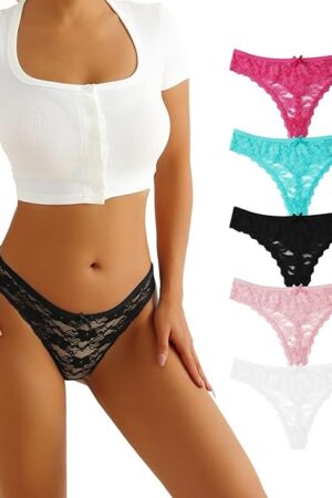 Women Sexy Lace Thongs G-String Bikini Panties with V Back Nylon No Show Underwear Seamless Low Waist Lingeries