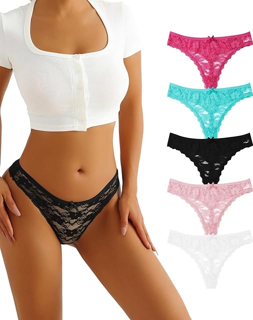 Women Sexy Lace Thongs G-String Bikini Panties with V Back Nylon No Show Underwear Seamless Low Waist Lingeries