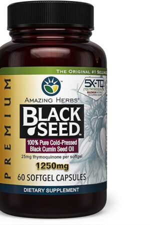 Amazing Herbs Premium Black Seed Oil Capsules - High Potency, Cold Pressed Nigella Sativa Aids in Digestive Health, Immune Support & Brain Function - 60 Count, 1250mg