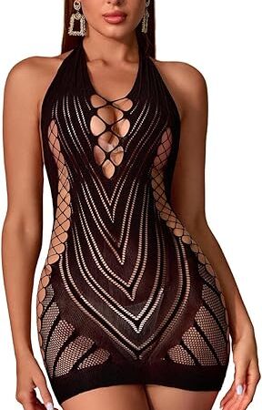 Women's Mesh Fishnet Cut Out BobyStocking Babydoll Bodysuit Clubwear Sexy Lingerie Mini Dress